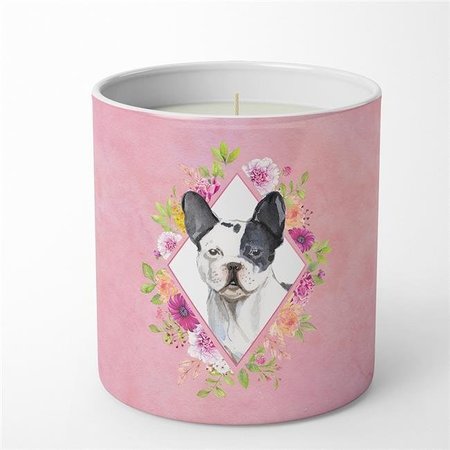 CAROLINES TREASURES Carolines Treasures CK4260CDL 10 oz Black & White Frenchie Pink Flowers Decorative Soy Candle CK4260CDL